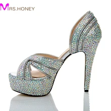 Hohe Qualität AB Farbe Kristall Brautkleid Schuhe offene Spitze Form Mode Abschlussfeier Schuhe Sparkly High Heel Sommer Sandalen