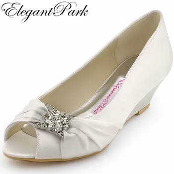 

Woman Wedding Wedges WP1403 White Ivory Silver Peep Toe Rhinestone Med Heels Satin Ladies Bride Bridal Shoes Prom Dress Pumps