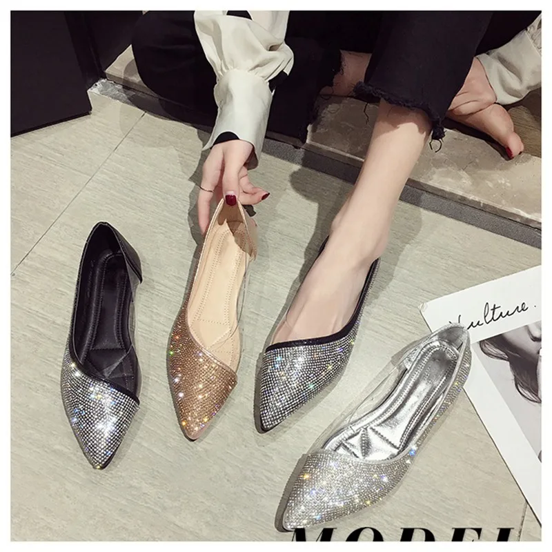 SUOJIALUN/Модные женские балетки на плоской подошве; туфли на плоской подошве с острым носком и украшением в виде кристаллов; элегантные удобные блестящие женские туфли на плоской подошве