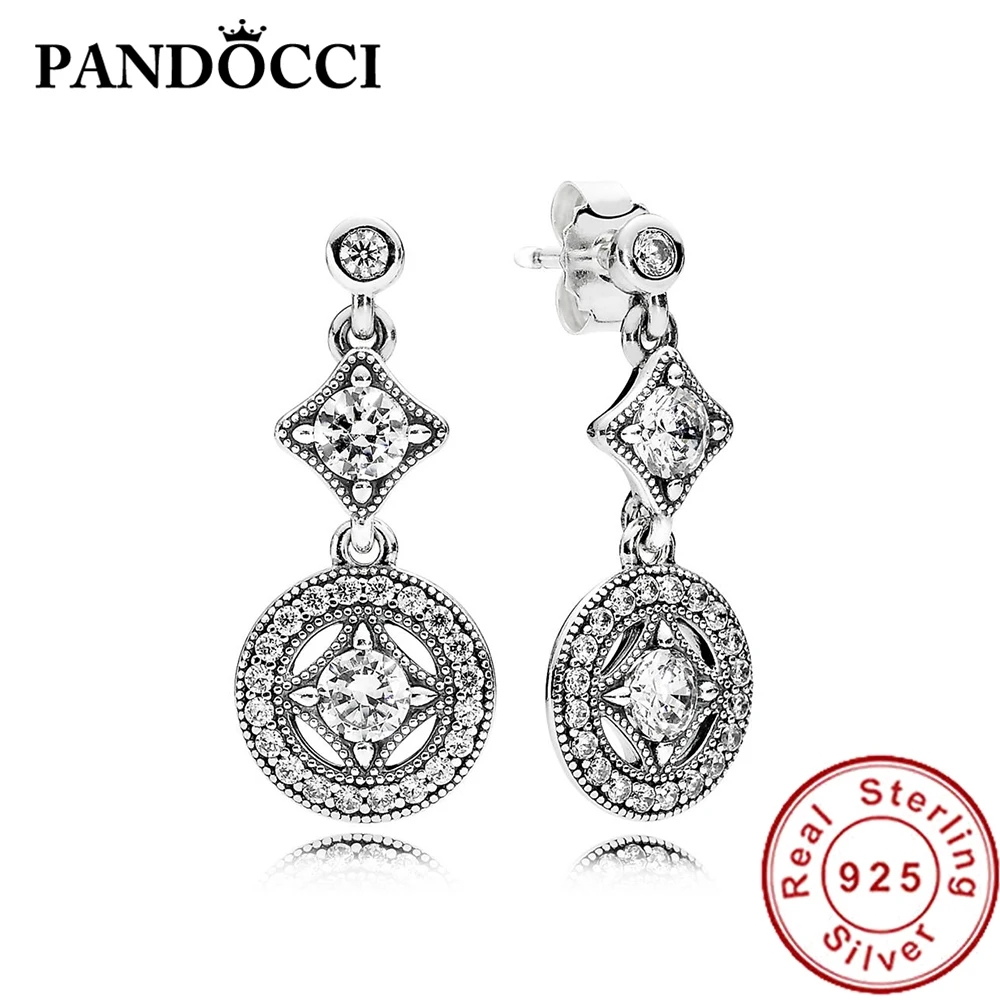 

PANDOCCI 100% 925 Sterling Silver 1:1 290722CZ VINTAGE ALLURE HANGING EARRINGS Ear Studs Vintage Original Wedding Jewelry
