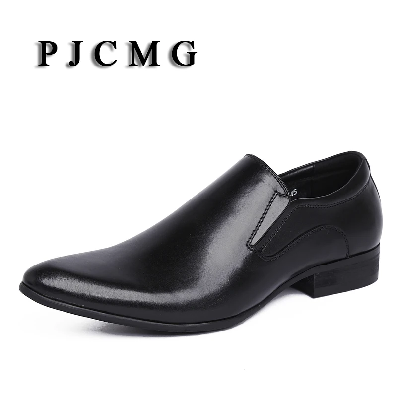 

PJCMG Spring/Autumn Men's Genuine Leather Pointed Toe Slip-On Flats Dress Oxfords Business Office Wedding For Men Flats Shoes