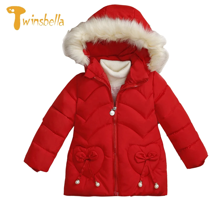 TWINSBELLA 2018 New Warm Down Jacket For Baby Girls Kids Pearl Pandant Winter Coat Fur Collar Hooded Down Coat For Toddler