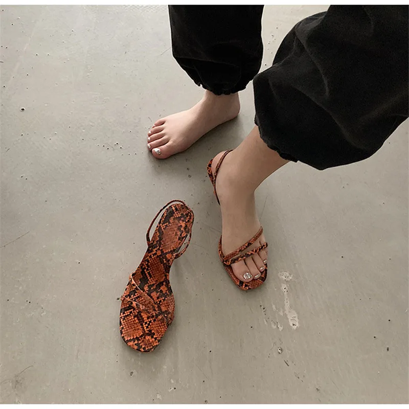 Hot sale Snakeskin high heel sandals women open toe thin heels woman shoes ankle back strap dress party sandals female summer