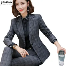 Новая мода клетчатые тонкие брюки костюмы OL профессиональный бизнес размера плюс с длинным рукавом Блейзер и брюки Офисная Женская одежда для работы