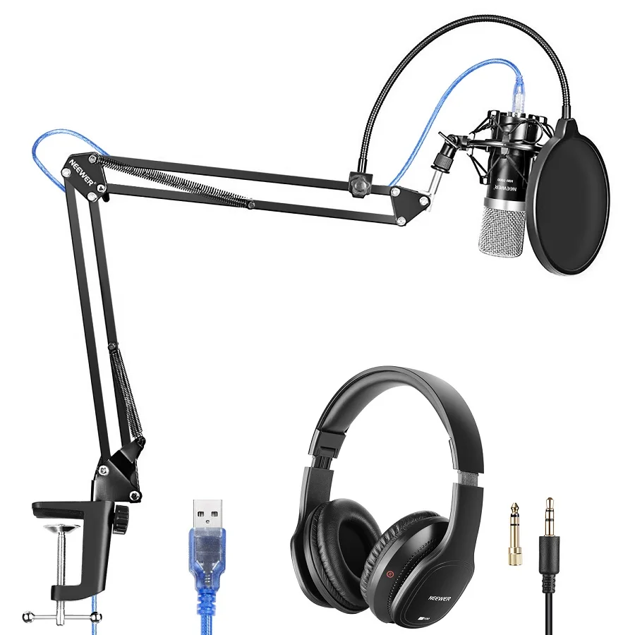 Neewer USB микрофон с подставкой для рук, амортизатор, монитор наушников, поп-фильтр USB кабель и настольный монтажный зажим комплект - Цвет: Black