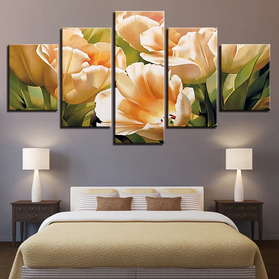 

Canvas Wall Art Pictures Home Decor Frame 5 Pieces Graceful Champagne Tulips Paintings Modular HD Prints Flowers Abstract Poster