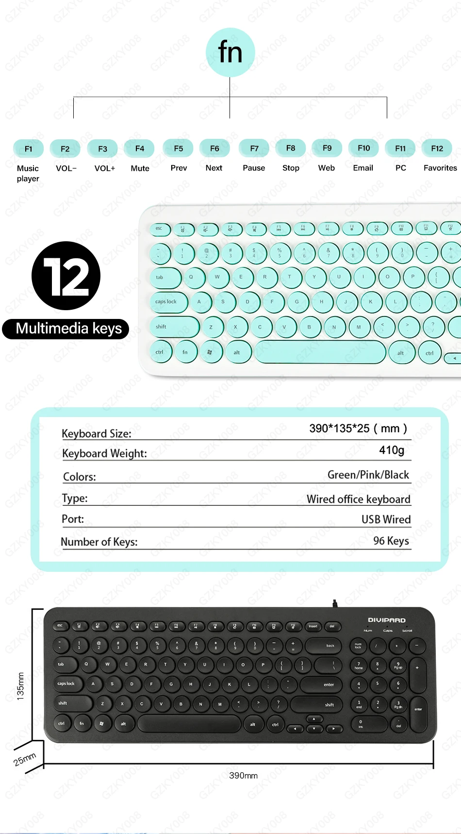 Проводная клавиатура мультимедийная USB клавиатура для ноутбука ПК ультра тонкая Тихая маленькая размер 96 клавиш розовый/зеленый/черный Цвет выбор GZKY008