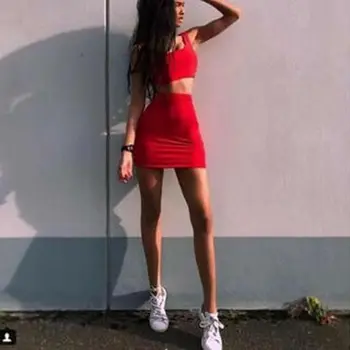 

Women's Short Red Solid Color Vest + High Waist Skirt Set Sweet Sexy Retro Style