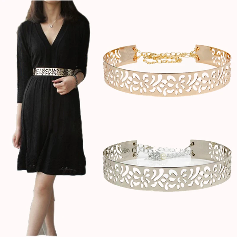 

Women Summber Gold & Silver Full Metal flower Belt Shinny like Mirror Waist Belt for Dress Cummerbund Hook with Chain bg-071