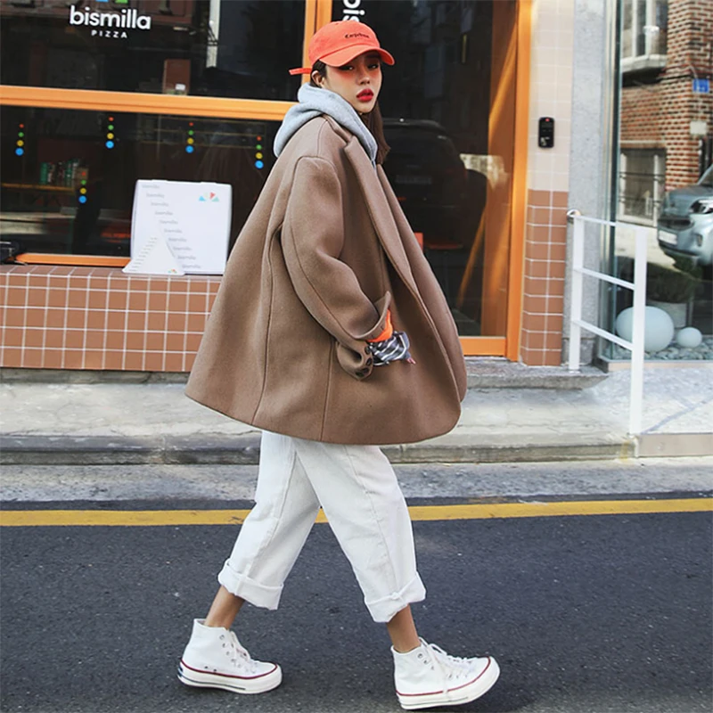 Koop Lanmrem 2020 Lente Nieuwe Casual Mode Vrouwen Losse Plus Temperament Effen Kleur Single Breasted Korte Wollen Jas TC790