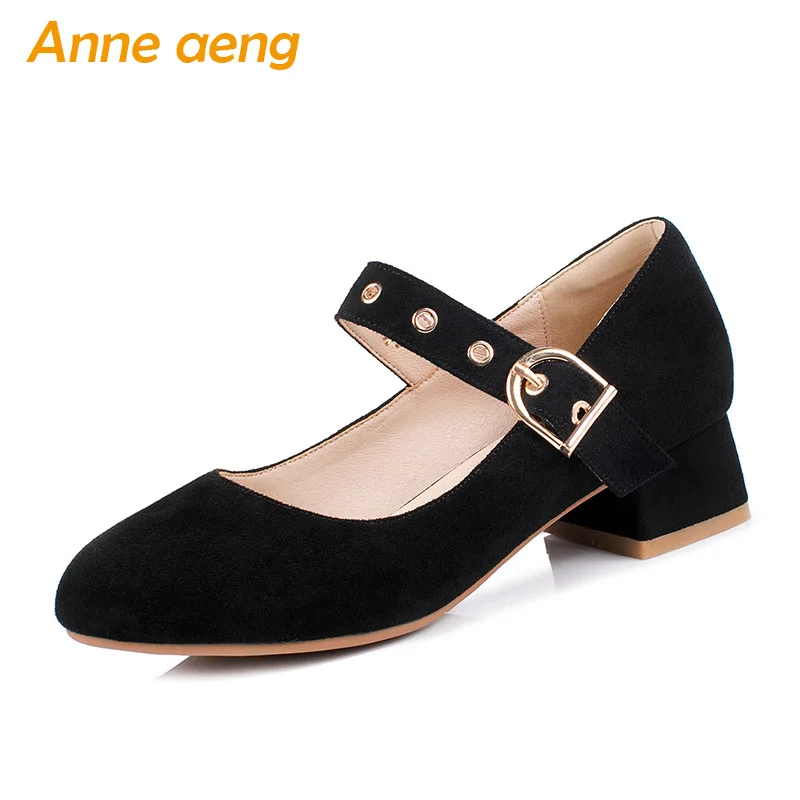 

2019 New Spring/Autumn Women Pumps Middle Square Heel Round Toe Buckle Shallow Casual Women Kid Suede Shoes Black Mary Janes
