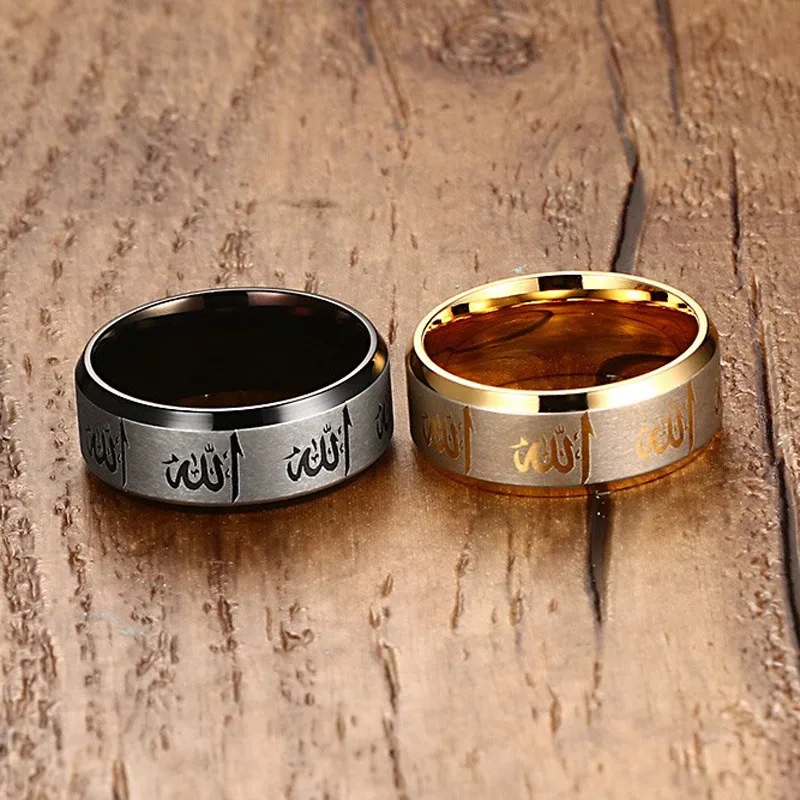 Meaeguet 8mm Allah Men Ring Gold-Color Stainless Steel Finger Ring Arabic Islamic Muslim Religious Male Jewelry