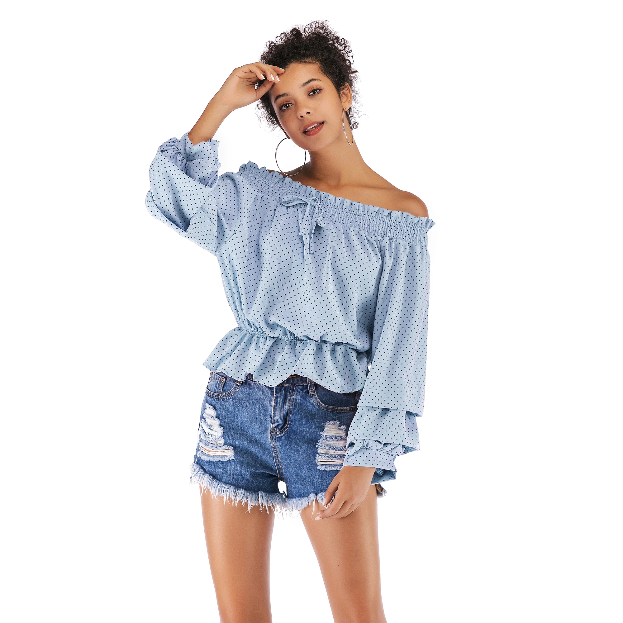 VZFF Women's Summer Elegant Lace Slim Bow Tie Collar Off Shoulder Tie Chiffon Shirt Polka Dot Puff Sleeve Spring Tops Women