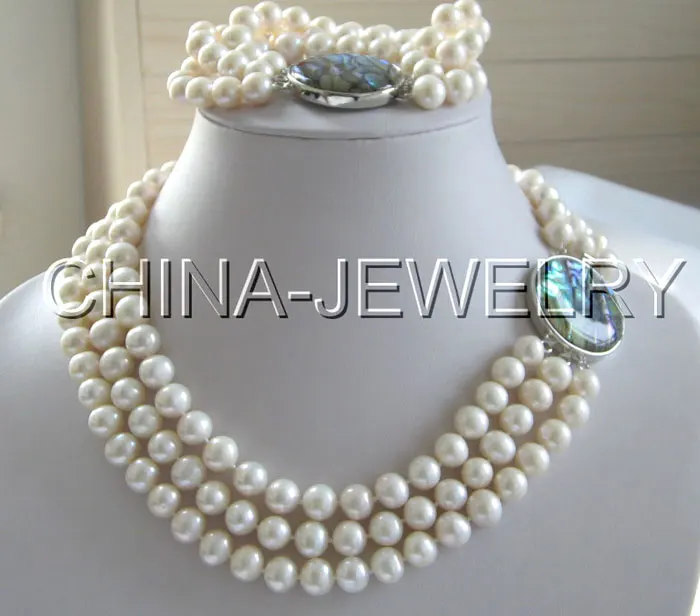 

Beautiful 8"& 17-19" 3row 10mm white round freshwater pearl necklace & bracelet^^^@^Noble style Natural Fine jewe SHIPPING 5.25