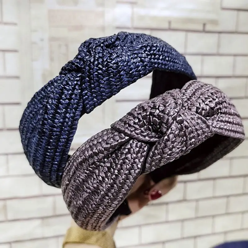 Корейская винтажная плетеная повязка ручной работы из искусственной соломы, Женский однотонный широкий обруч для волос с бантом ручной работы, аксессуар для укладки волос