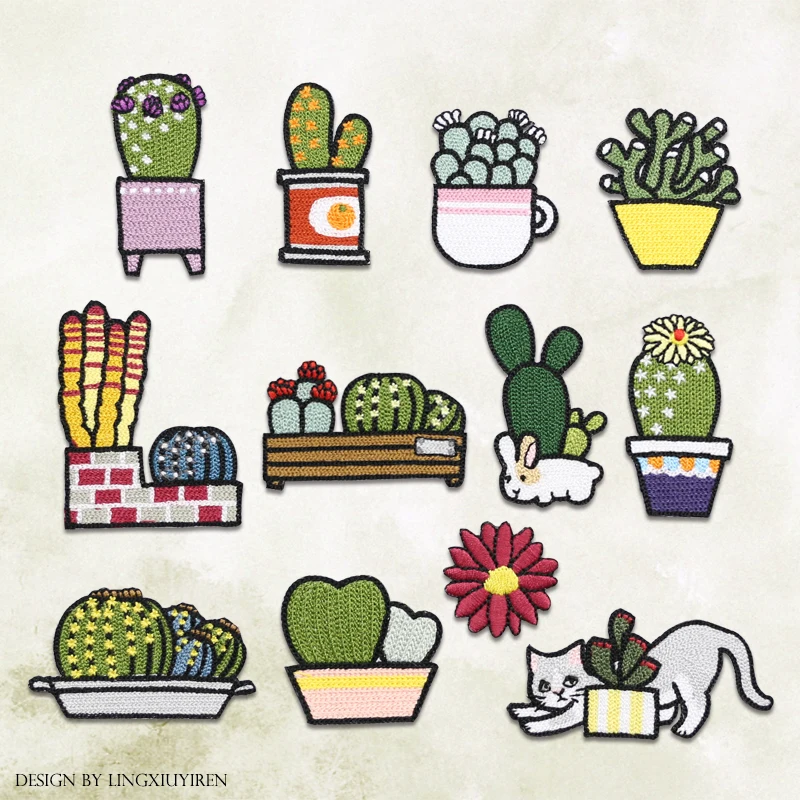 

Embroidere Cactus with Cat Patches Cloth Stickers Iron On Patches DIY Socks Scarf Dress Pants Clothing Applique Accessories