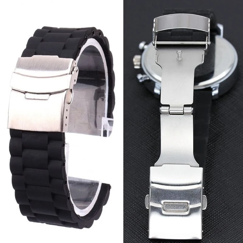Shellhard 3Styles Sports Watch Band Waterproof Plastic Watch Band 20mm 22mm 24mm Black Watch Strap Deployment Buckle Bracelet