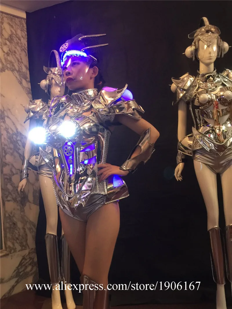 Silver bar ballroom dance led costumes helmet lighted sexy dresses singer wears stage models car robot clothes music dj04