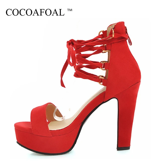 COCOAFOAL Woamn Gladiator Sandals Plus Size 33 43 Lace Up Peep Toe High Heels Sandals Party Pink Red Wedding Shoes Gladiator