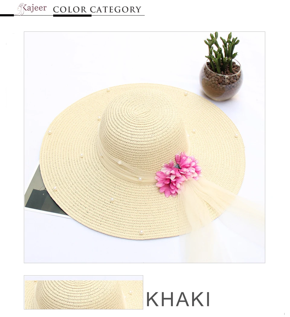 Kajeer тканевая Цветочная шляпа от солнца для женщин, твердая лента с жемчугом, шнуровка, большая соломенная шляпа с полями, уличные пляжные летние кепки, Chapeu Feminino