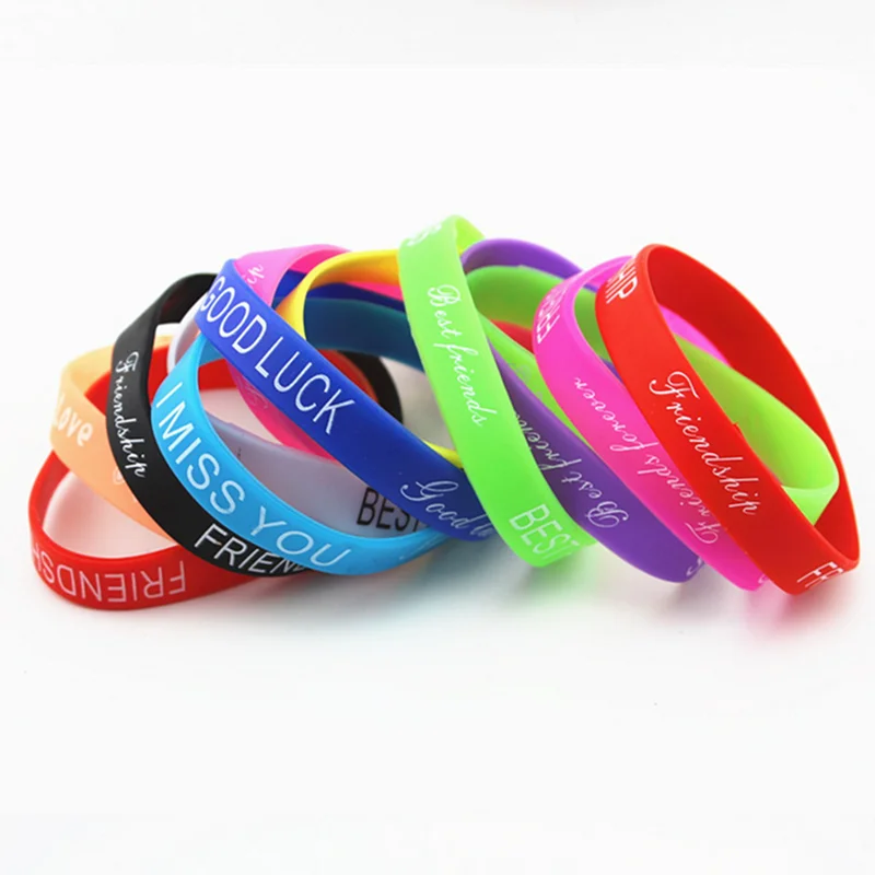 50pcs/lot 12mm Width Silicone Bands With Friendship Love Logo Printed Casual Bracelets Wholesale