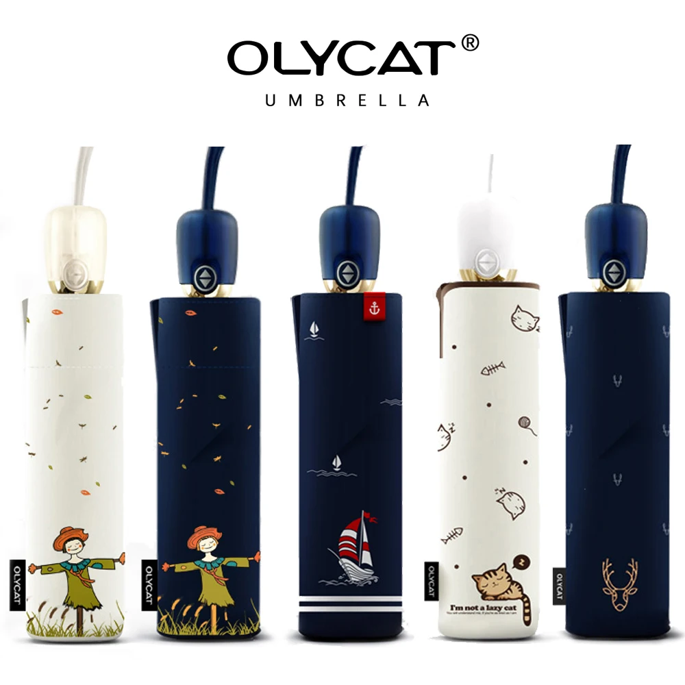 Comprar OLYCAT Paraguas automático lluvia mujeres marca de dibujos animados de impresión de protección solar Paraguas plegables a prueba de viento Anti UV Parasol 5 estilos Paraguas