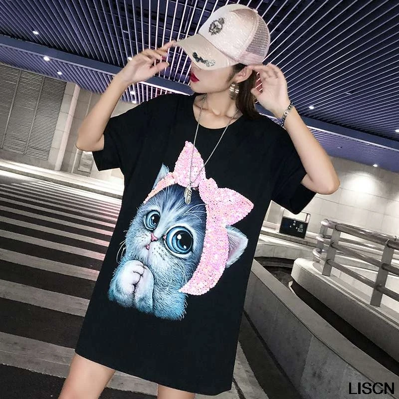 

2019 New Summer Women Fashion 3d Kawaii Cat Painting Tops Sequin Ladies Female Large Big Loose Oversize Long Novelty T Shirt