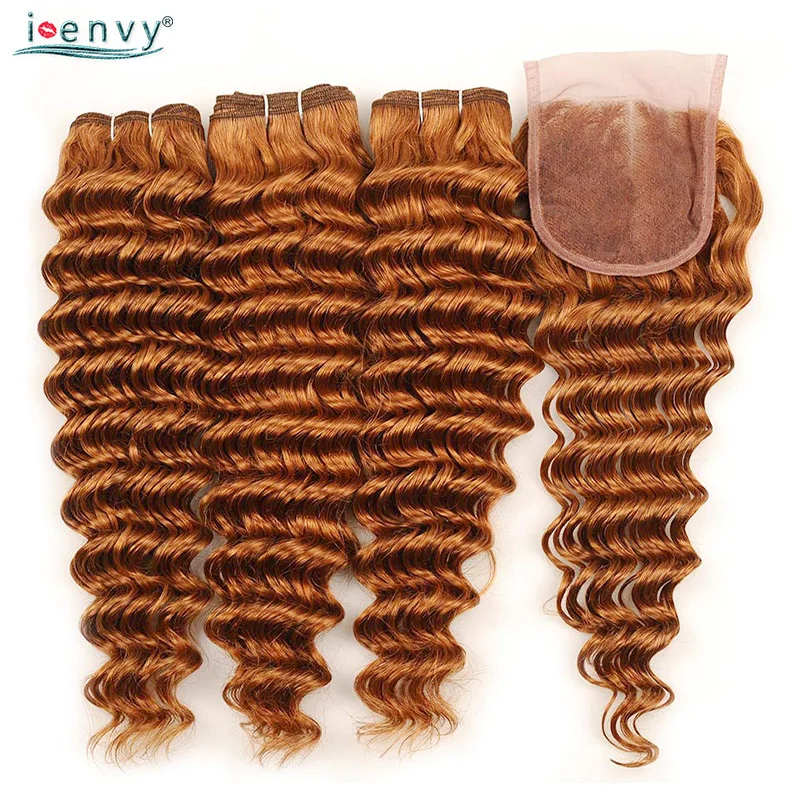 

Ginger Brazilian Gold Blonde Deep Wave Bundles With Closure Human Hair Colored Bundles With Closure Honey Blonde Non Remy Weaves