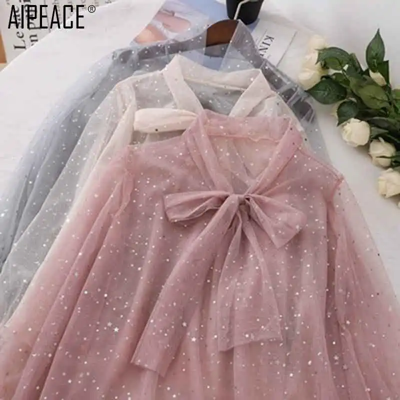 

AIPEACE women elegant blouse female Long-sleeve Mesh pleated beaded lace bow loose lace shirt organza splice shirts women tops