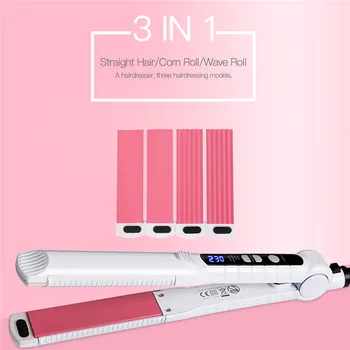 

LCD Display 3 In 1 Hair Straightening Flat Iron Corrugation Hair Curling Curler Corn Plate Ceramic Roller Wave Machine Styler
