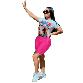 

2019 New Summer Women Set 2 Piece Outfits Printed Short Sleeve T Shirts and Skinny Pants Tracksuits Sporty Streetwear