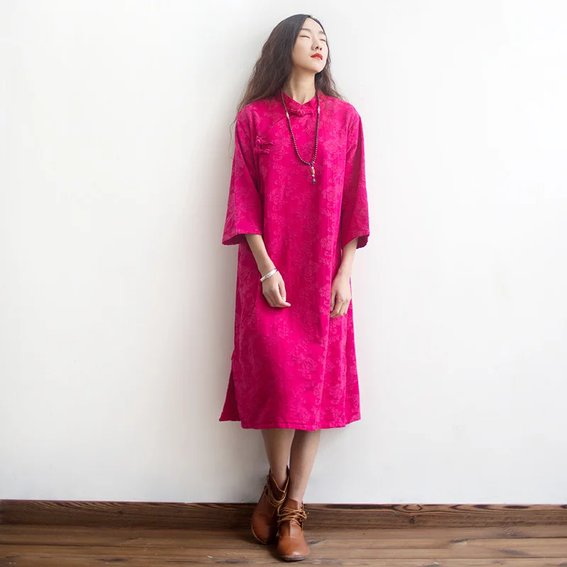

2019 new Autumn Spring Vintage Handmade Buttons Jacquard Cotton Robes Dress Women slopping lapels Embroidery Dress