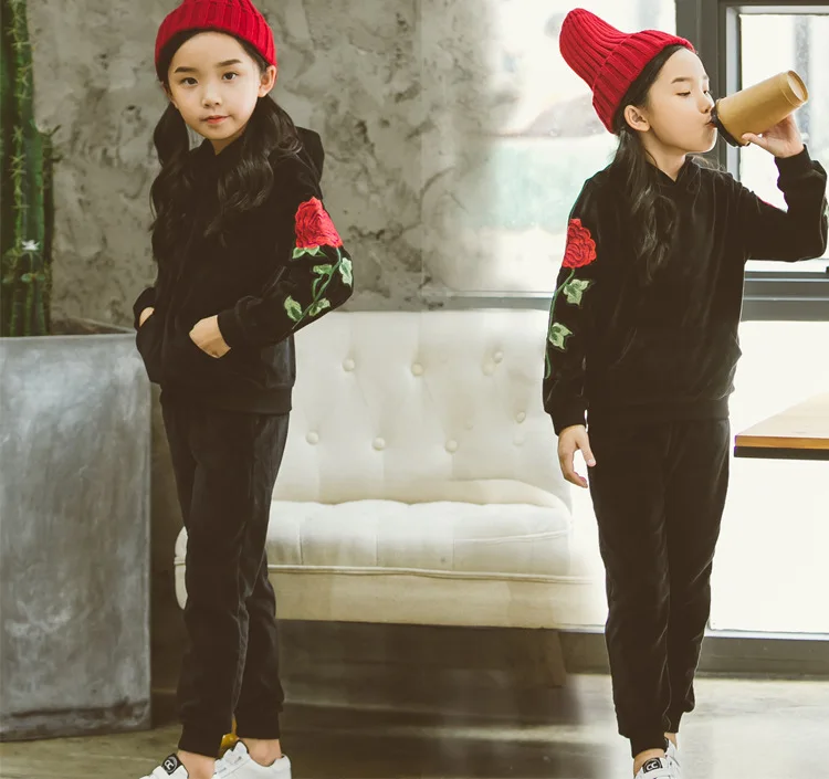 spring autumn winter hooded velour kids girl clothes coats pants sets sports little big girls clothing sets spring autumn 2017 black tops and pants  4 5 6 7 8 9 10 11 12 13 14  years old little big teenage girls set girl 2017 child girl set  (2)