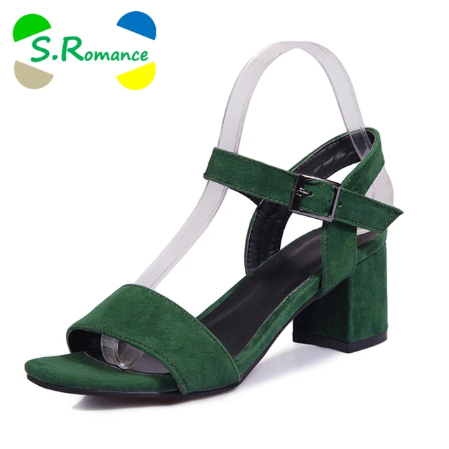 S.Romance Women Sandals Plus Size 34-43 Fashion Summer Buckle Strap High Heel Office Lady Pump Woman Shoes Black Green SS952