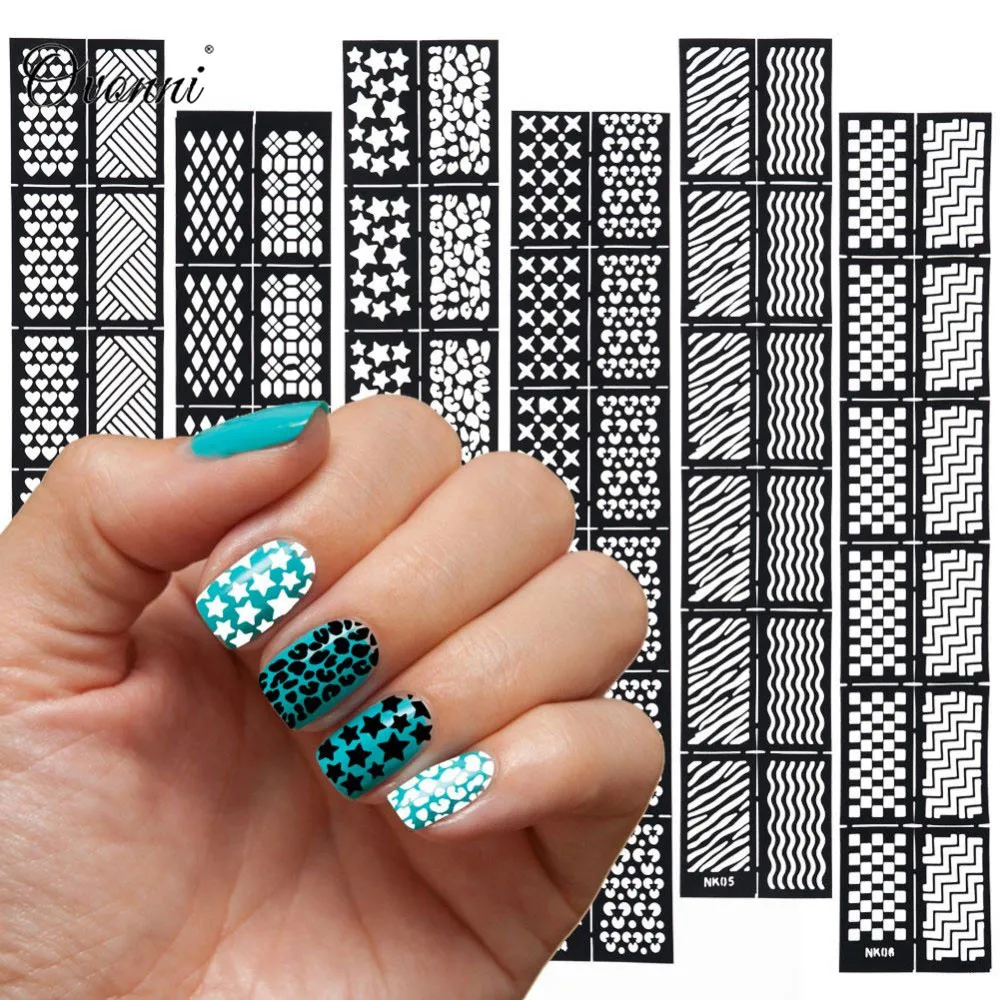 Gustala 6pcs DIY Nail Template Stickers Plaid Net Line Hollow 3D Nail