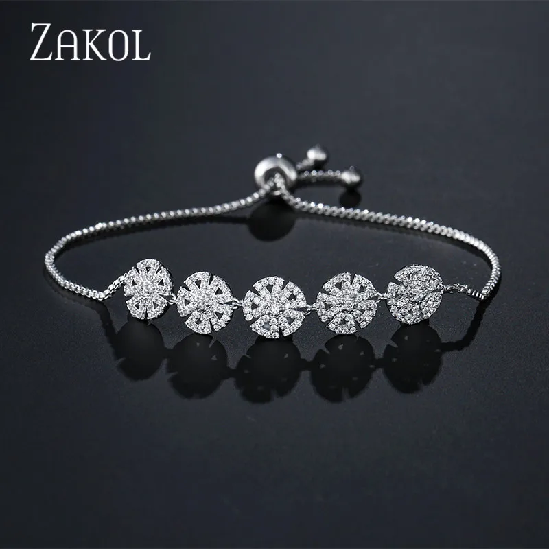 

ZAKOL New Fashion Flower Adjustable Charm Bracelets For Women Crystal Round Charm Wedding Party Jewelry Dropshipping FSBP2080