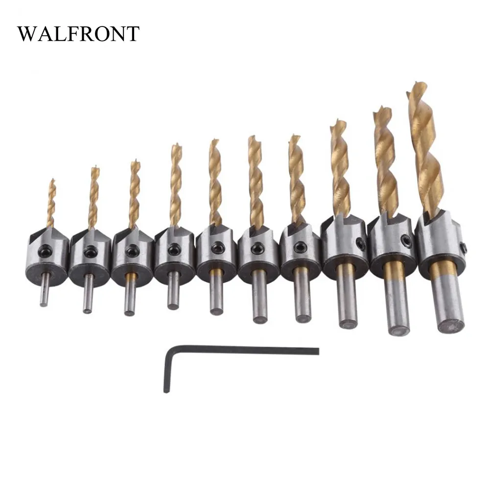 

WALFRONT Carpentry Reamer Countersink Drill Bit Set with Nut Wrench Hex Key Socket Woodworking 5 Flutes Twist Drilling L Spanner