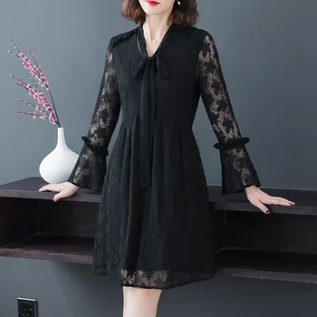 

2019Spring Fashion ladies party dress Plus size Bow collar elegant black Lace Dress empire flare dress beautiful vestidos4XL 5XL