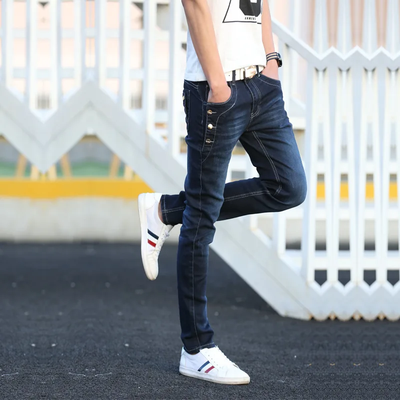 Idopy Модные мужские однотонные джинсы Ретро винтажный потертый прямой крой синие джинсы черные джинсы джоггеры с пуговицей для молодежи