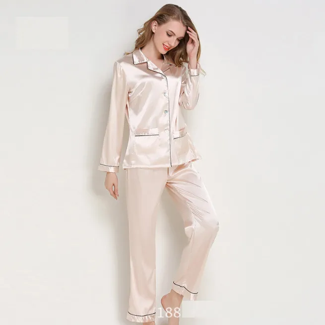 Атласная Шелковая пижама комплект короткий рукав на пуговицах Pj корейский комплект Пижама для сна домашней одежды из двух частей Pj Наборы ouc413 - Цвет: Шампанское