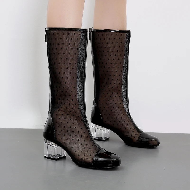 

Boots punk summer women high heels sexy Breathable mesh Woman boots transparent 5CM chunky heels Round toe womens boots