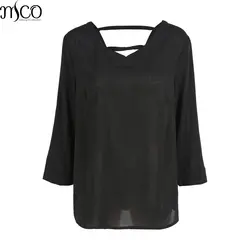 MCO Повседневное Cage Back плюс Размеры черная рубашка для Для женщин Простой Большой Женская одежда одноцветное закатать рукава выше Размеры d