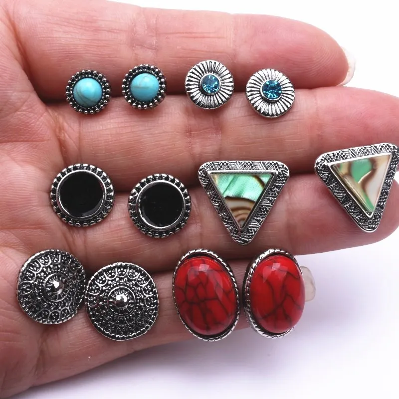 

EK402 6Pairs/set European American Earring Sets Alloy Triangle Round Gem Stone Beads Totem Mixed Earrings Bohemian Retro Jewelry