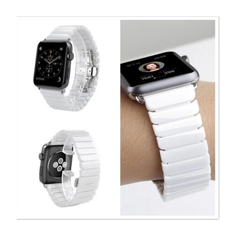 

High Quality Ceramic Watch Band Link Bracelet Butterfly buckle 42mm 38mm Black White Watchbands for Apple Watch Bands