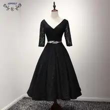 Promoción Negro Vestidos de Coctel Cortos 2017 de encaje simple V cuello Una línea Lace up Prom vestidos de Partido de Las Mujeres Vestido De Traje De Soirée Curto