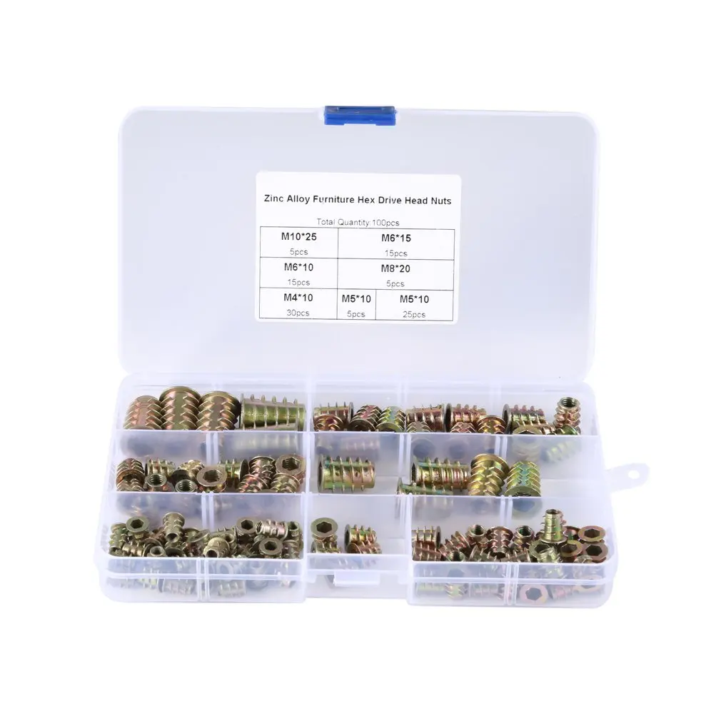 

100PCS M4 M5 M6 M8 Zinc Alloy Thread For Wood Insert Nut Flanged Hex Socket Drive Head Furniture Nuts Assortment Bolt