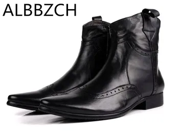 

Fashion carving genuine leather men boots pointed toe zip designer men's career work shoes high quality cow leather ankle boots