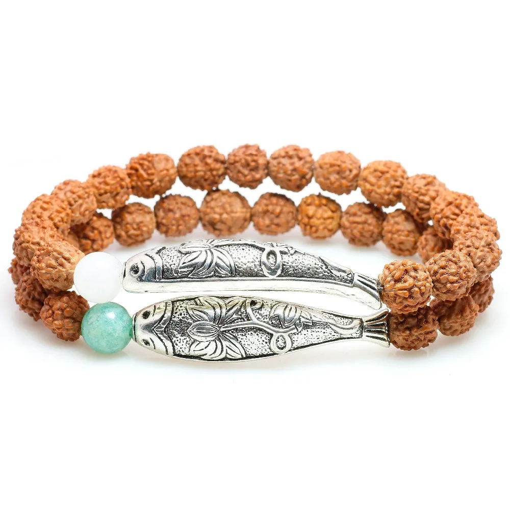 

New Trend Rudraksha Seed Beads With Amazonite Stone Silver Lotus&Fish Charm Bracelet For Women White Chalcedony Yoga OM Jewelry