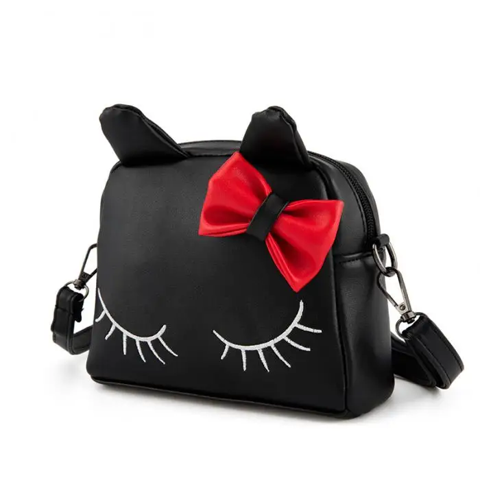 New Sweet Girl Shoulder Bag PU Leather Zipper Cute Cat Bow Handbag Kids Casual Bags WML99