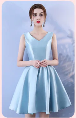 Blue V Neck Women Wedding Party Dress Above Knee Mini Dress Satin Bridesmaid Dress Back of Bandage